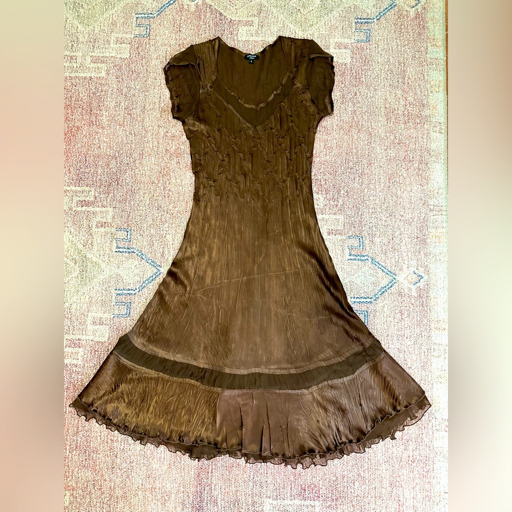 Komarov small cap sleeve A-line midi evening dress chocolate brown like new